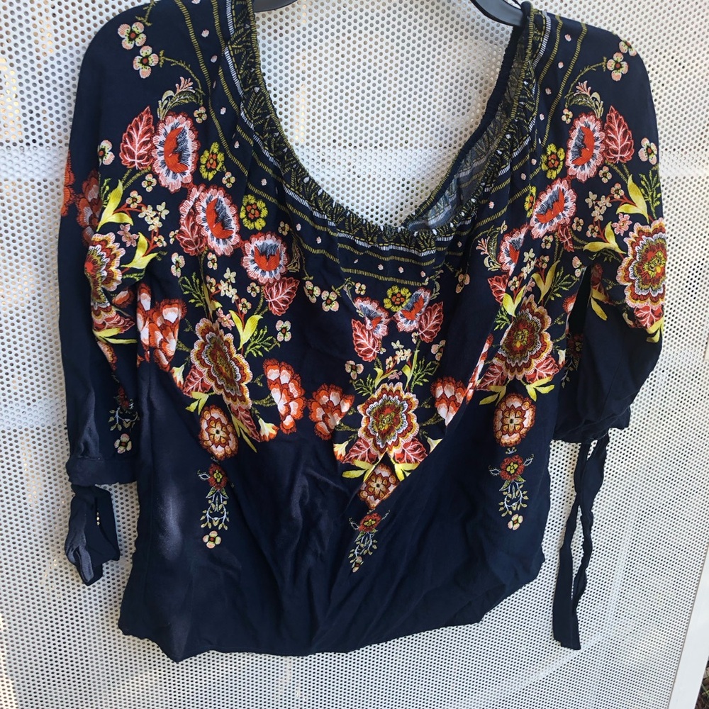 Love Tree Navy Floral Embroidered Peasant Top